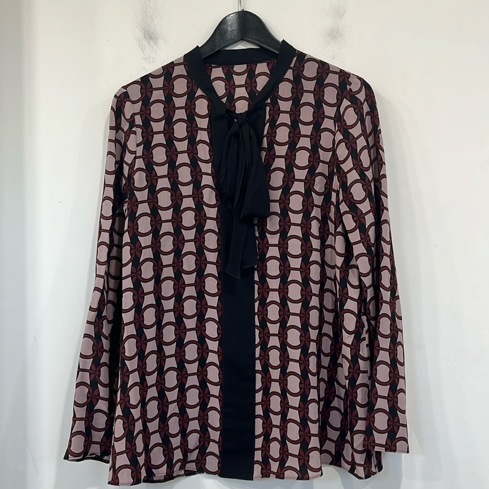 Longchamp GRA Silk Chain Print with Necktie Blouse Black Burgundy Tan size 38